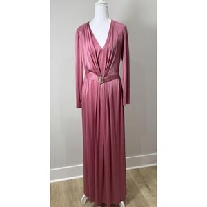 Vintage Dusky Pink Maxi Dress‎ Long Sleeve Belted Draped Bodice 70s Style S